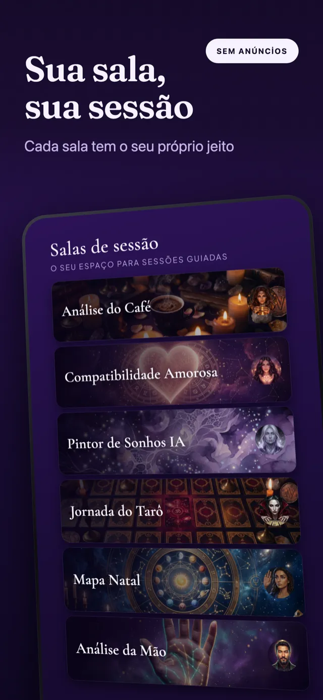 Tela das salas de sessão: cards de café, amor, sonho, tarô, mapa natal e mão.