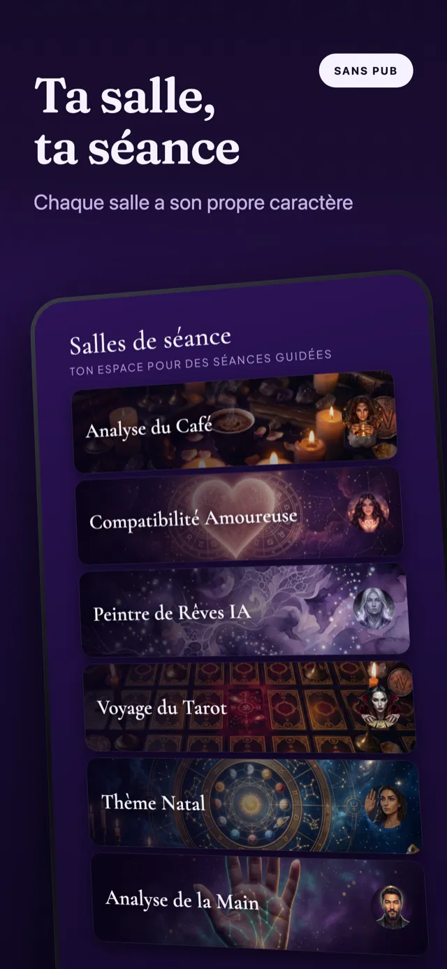 Écran des salles de séance : cartes café, amour, rêve, tarot, thème natal et main.