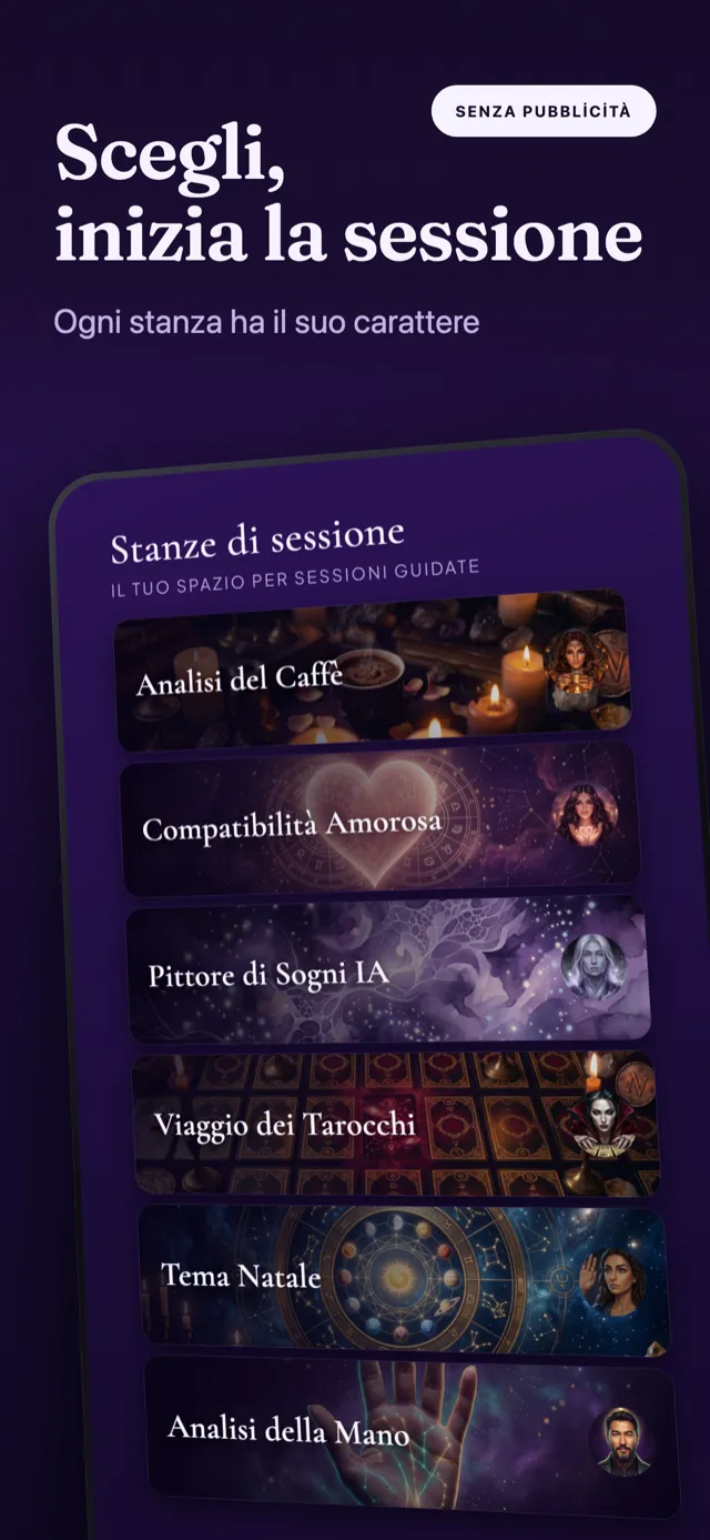 Schermata delle stanze di sessione: schede di caffè, amore, sogno, tarocchi, tema natale e mano.