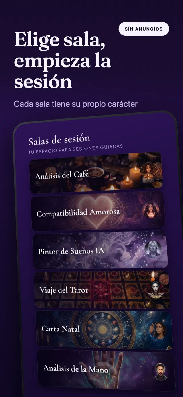 Pantalla de salas de sesión: tarjetas de café, amor, sueño, tarot, carta natal y mano.