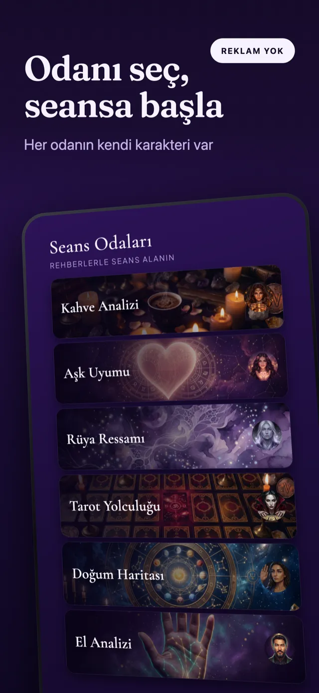 Seans odaları ekranı: kahve, aşk, rüya, tarot, doğum haritası ve el analizi kartları.