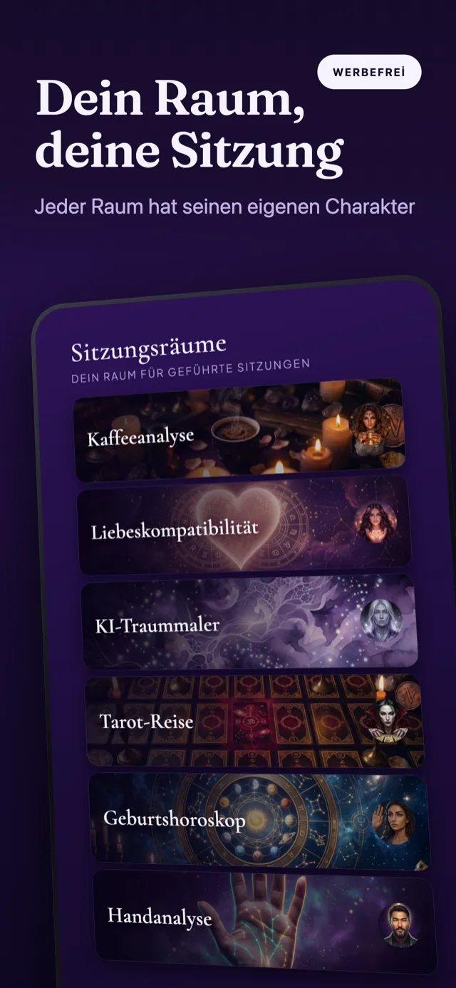 Bildschirm der Sitzungsräume: Karten für Kaffee, Liebe, Traum, Tarot, Geburtshoroskop und Hand.