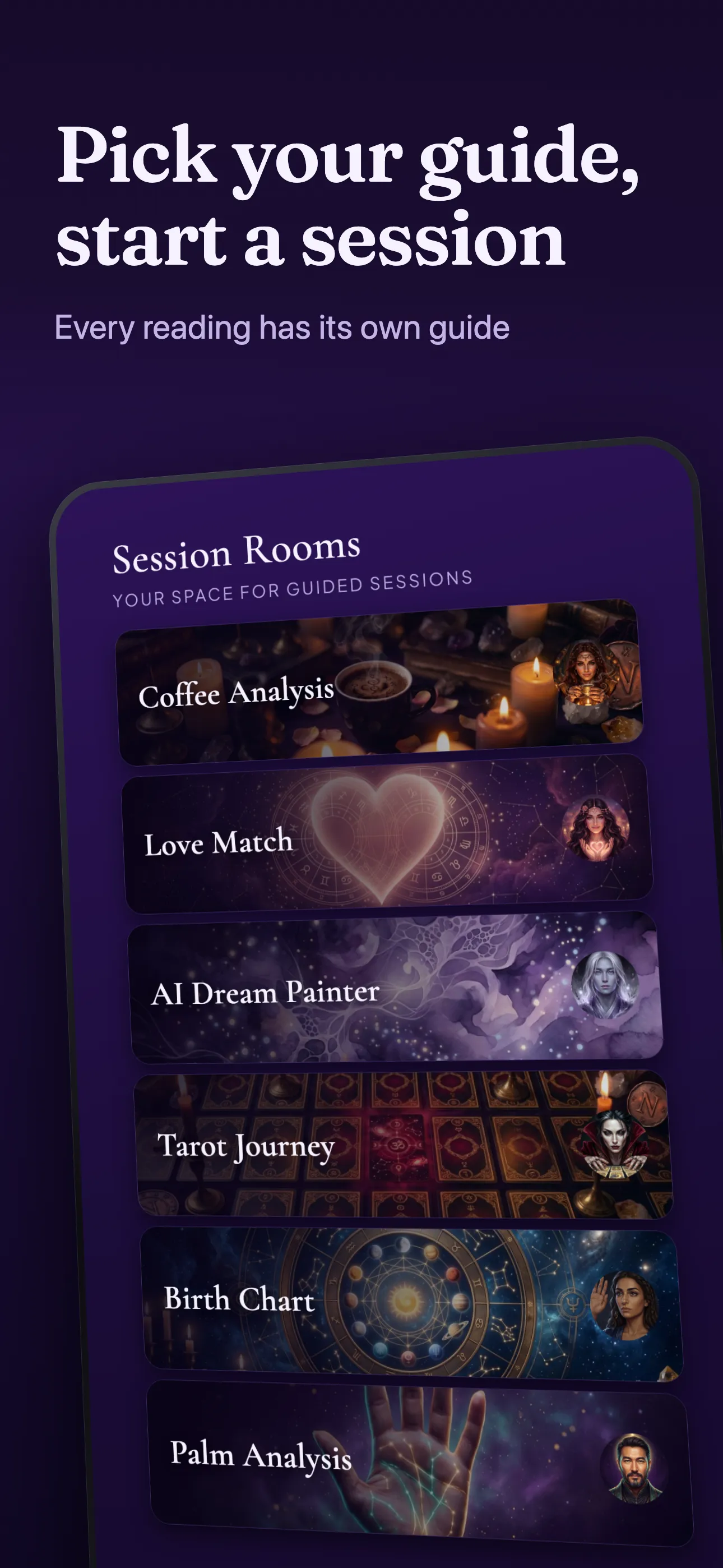 Session rooms screen: cards for coffee, love, dream, tarot, birth chart and palm.