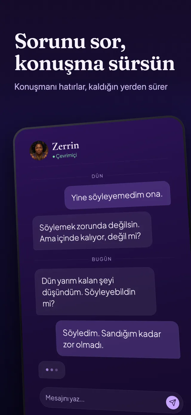 Rehberle sohbet ekranı: yorumun ardından soru sorulan mesajlaşma görünümü.