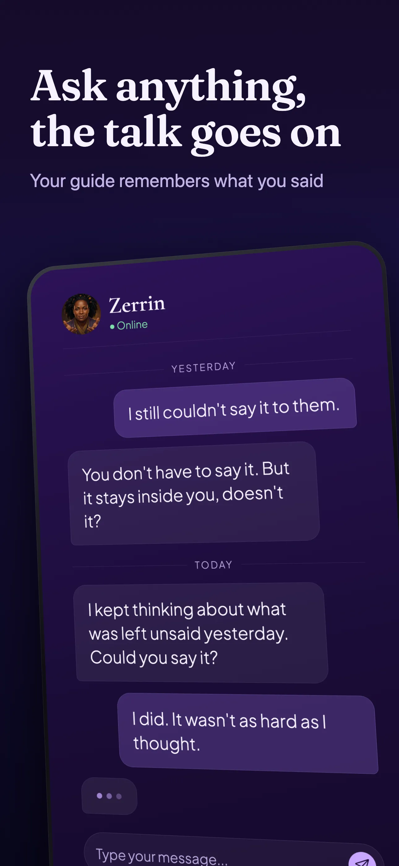 Chat screen: asking a guide a question after a reading.