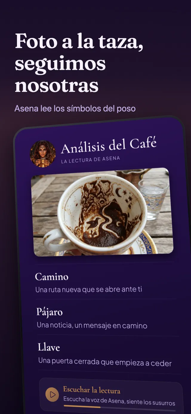 Pantalla de análisis del café: los símbolos hallados en el poso y su lectura.