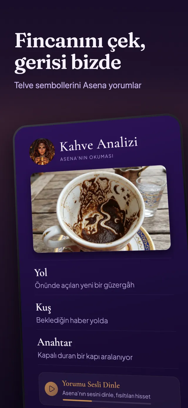 Kahve analizi ekranı: fincan fotoğrafından çıkarılan telve sembolleri ve yorumu.
