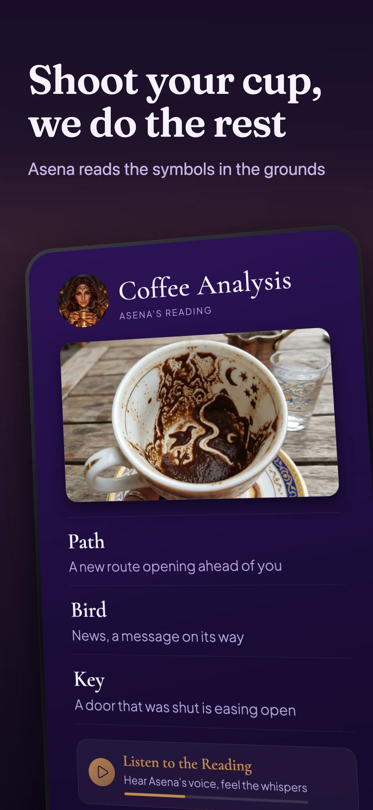 Coffee analysis screen: the symbols found in the grounds and their reading.