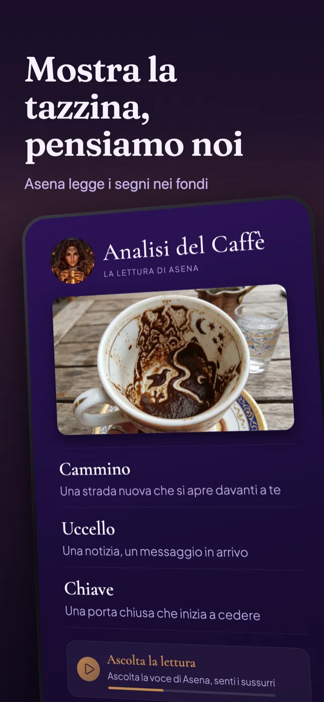 Schermata analisi del caffè: i segni trovati nei fondi e la loro lettura.
