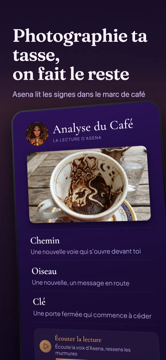 Écran analyse du café : les signes trouvés dans le marc et leur lecture.