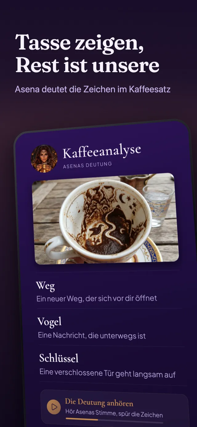 Bildschirm Kaffeeanalyse: die im Satz gefundenen Zeichen und ihre Deutung.
