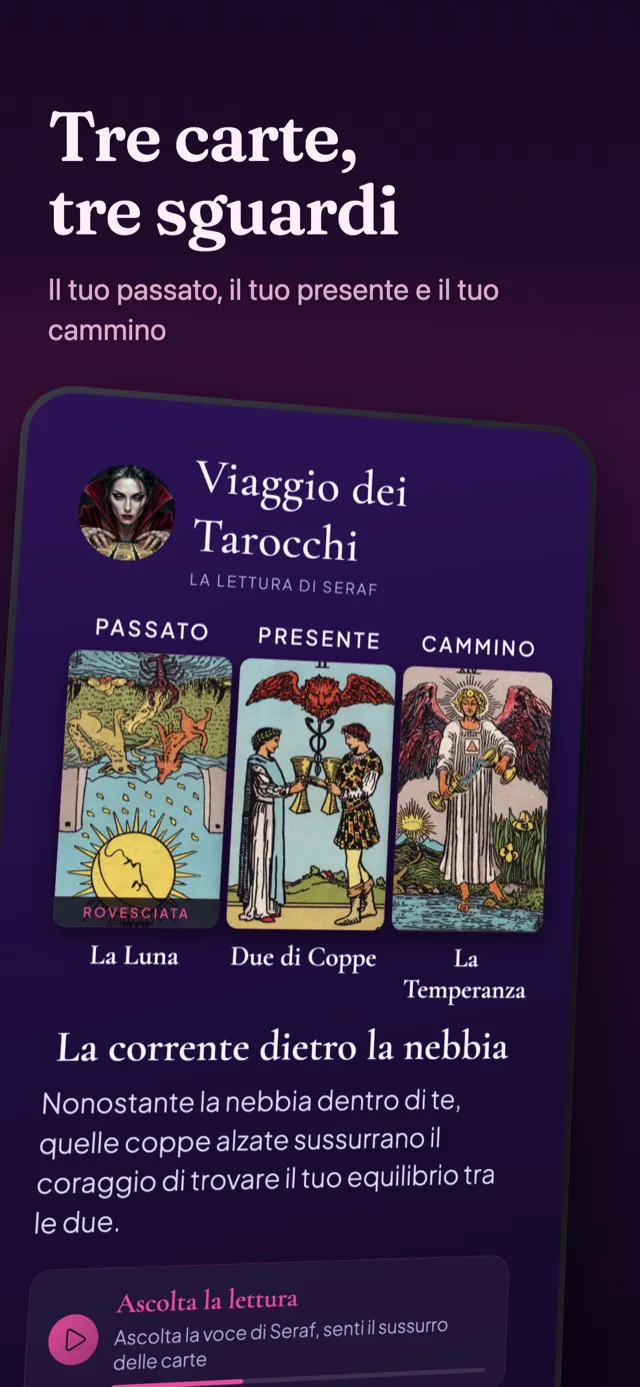 Schermata viaggio dei tarocchi: le tre carte scelte e le loro letture.