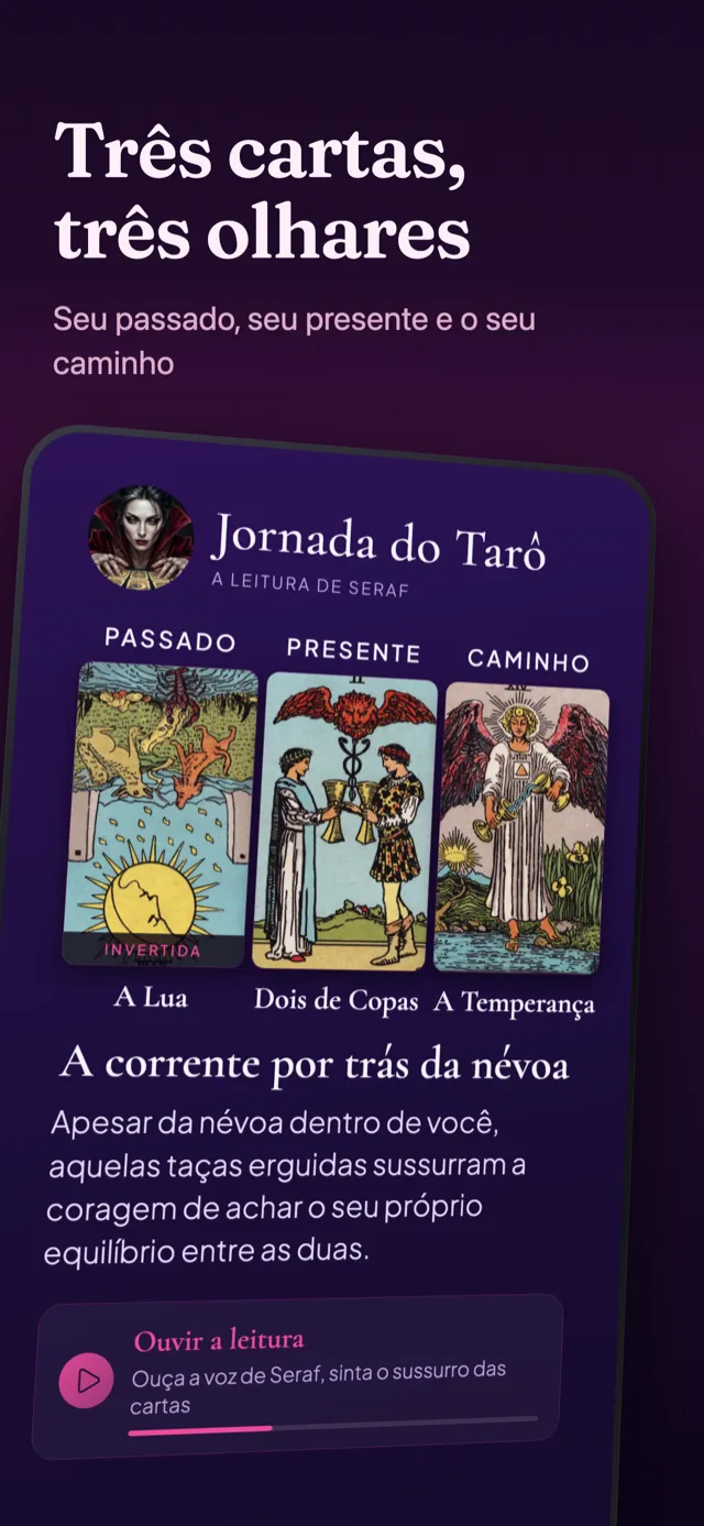 Tela da jornada do tarô: as três cartas escolhidas e as leituras delas.