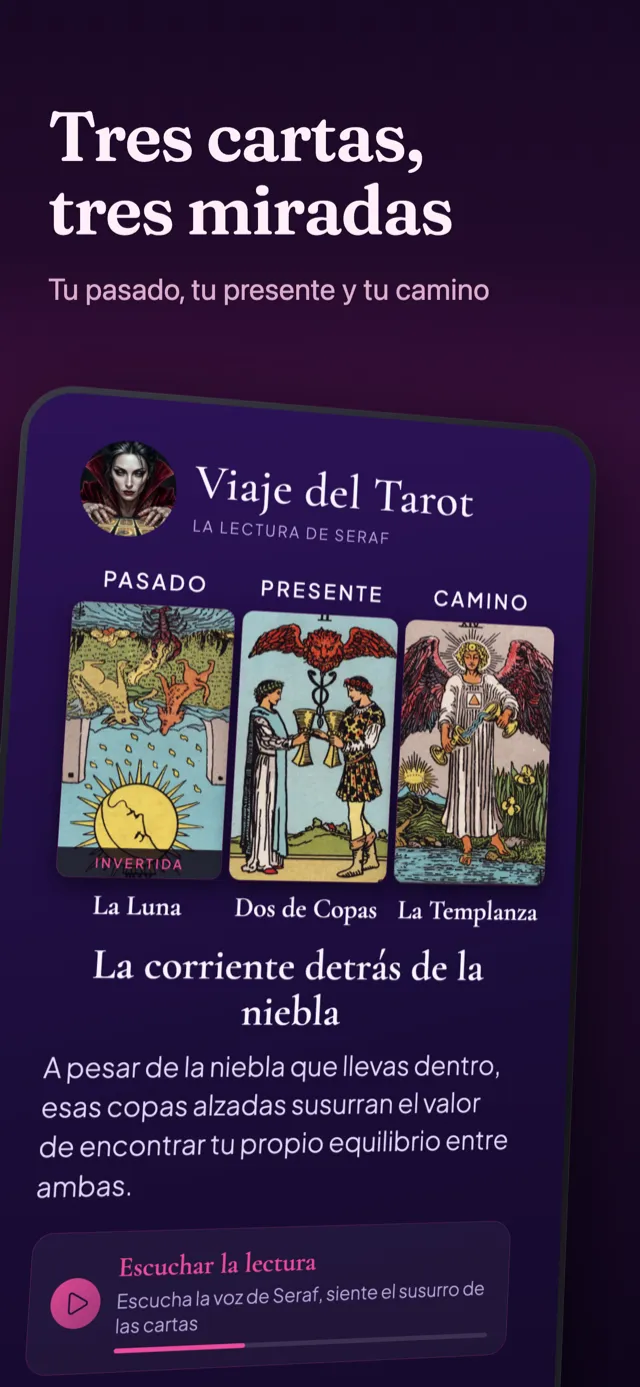 Pantalla de viaje del tarot: las tres cartas elegidas y sus lecturas.