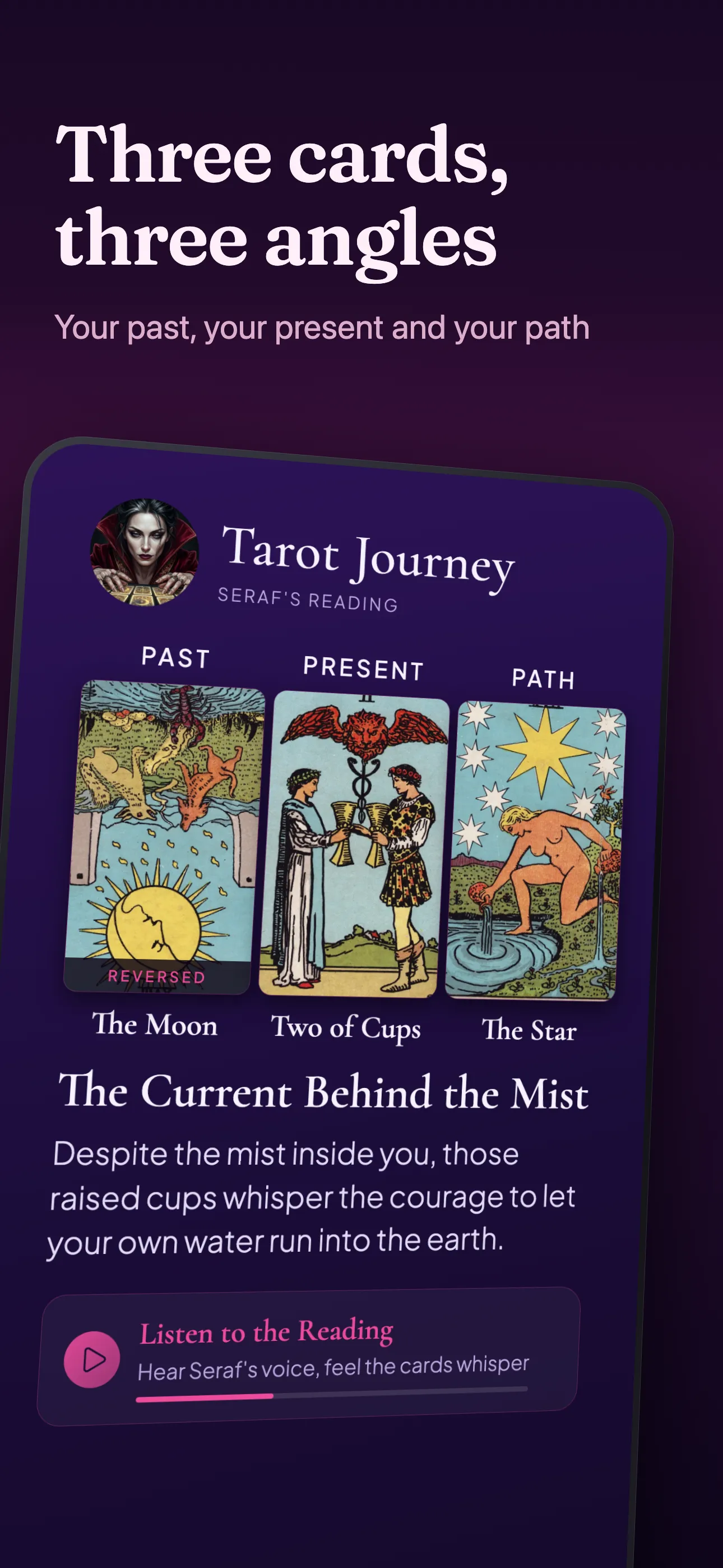 Tarot journey screen: the three cards drawn and their readings.
