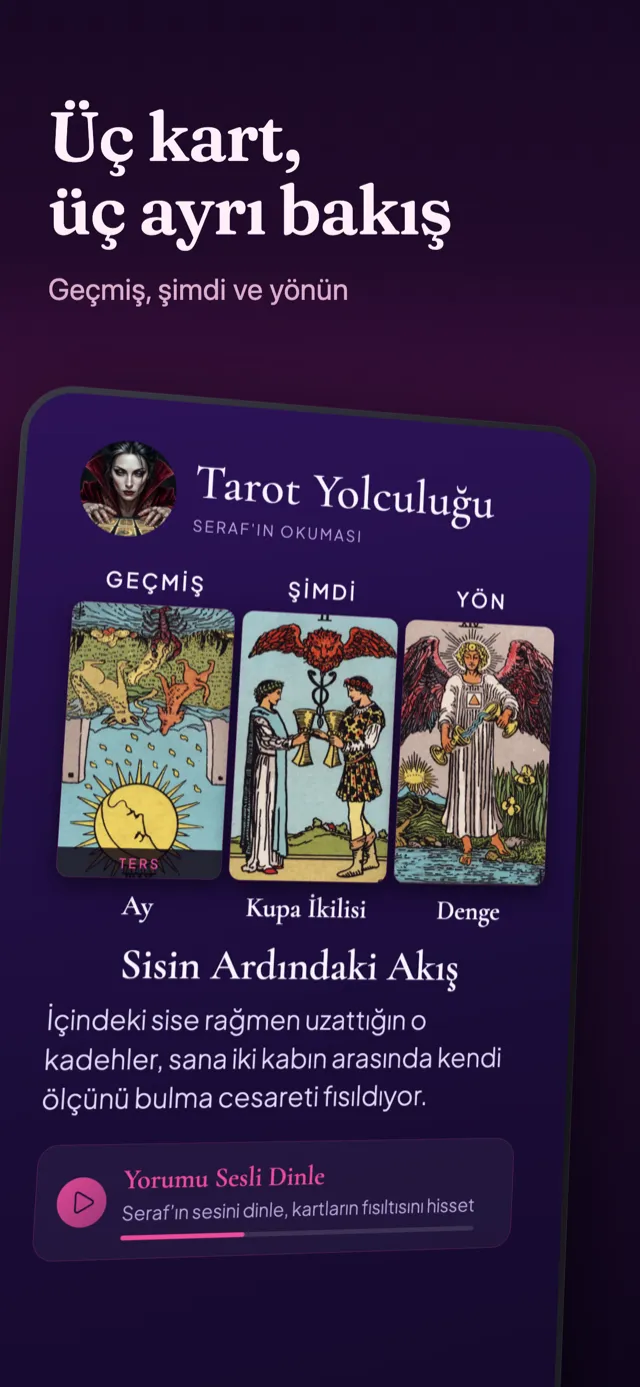 Tarot yolculuğu ekranı: seçilen üç kart ve yorumları.