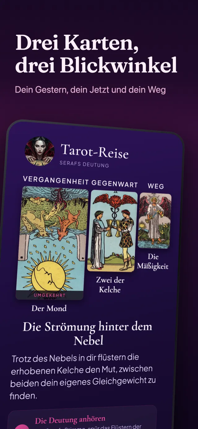 Bildschirm Tarot-Reise: die drei gezogenen Karten und ihre Deutungen.