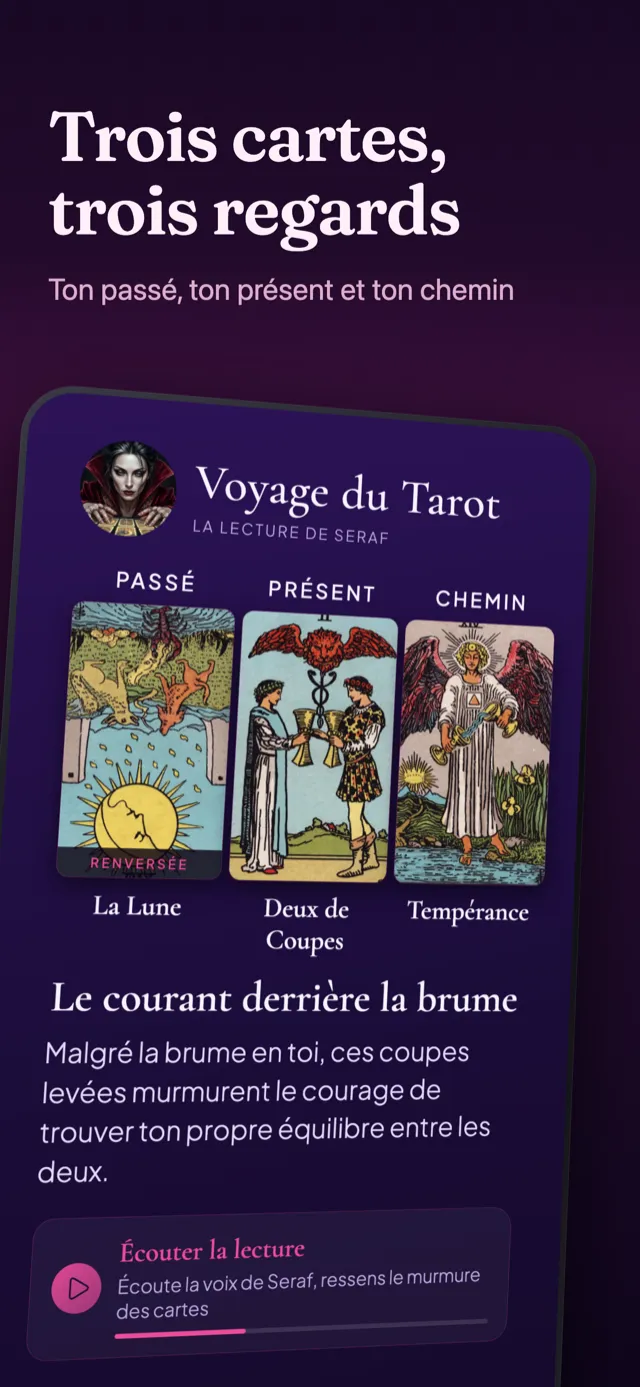 Écran voyage du tarot : les trois cartes choisies et leurs lectures.