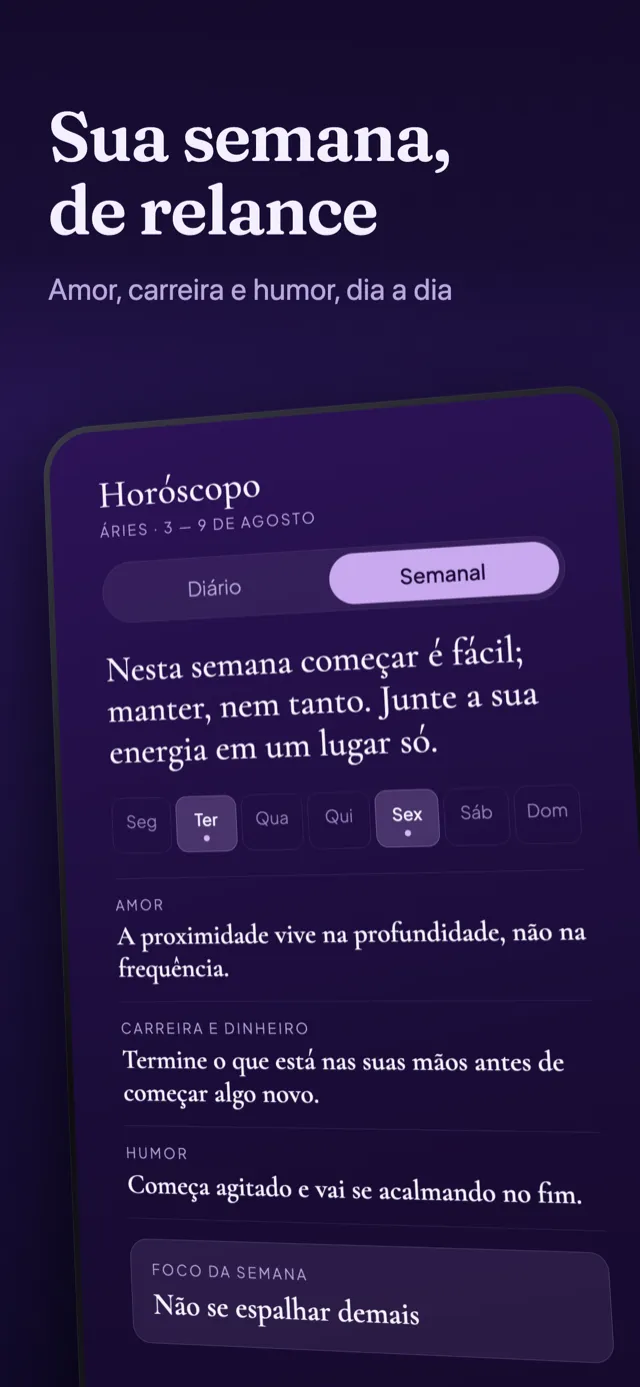 Tela do horóscopo: a leitura da semana, os dias em destaque e o foco da semana.