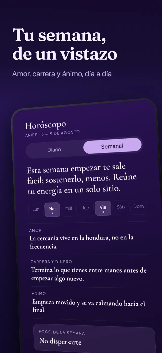 Pantalla de horóscopo: la lectura semanal, los días destacados y el foco de la semana.
