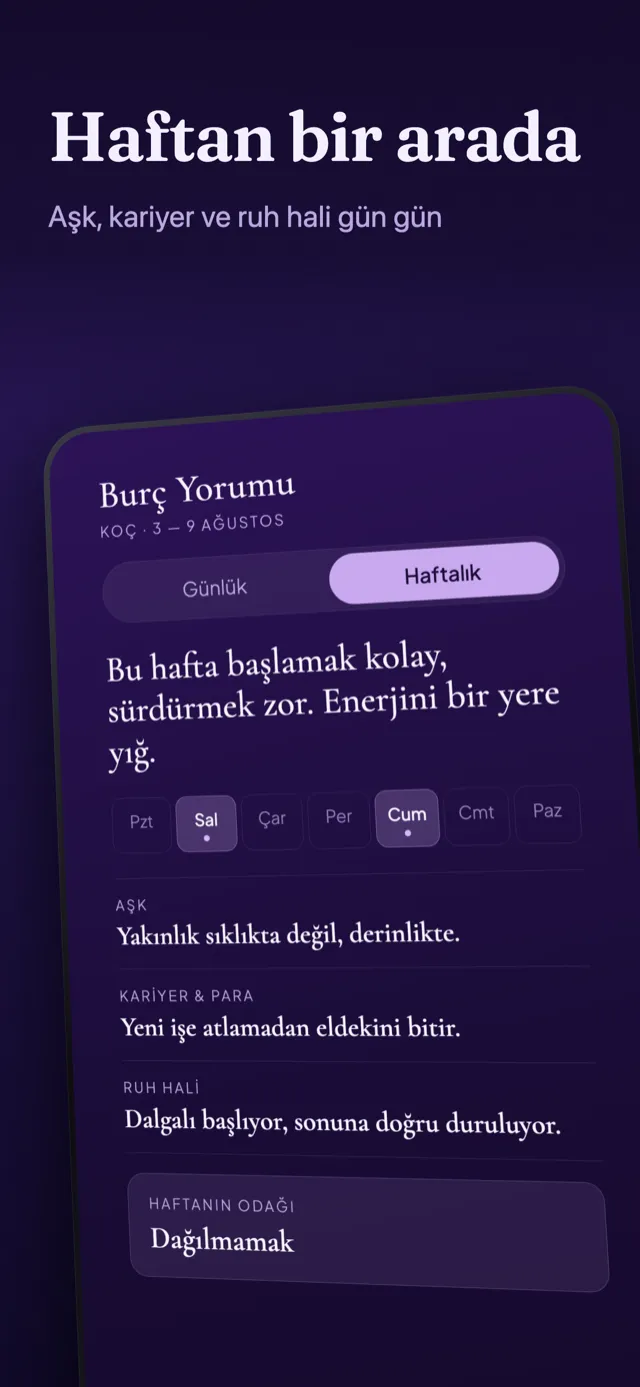 Burç yorumu ekranı: haftalık yorum, öne çıkan günler ve haftanın odağı.