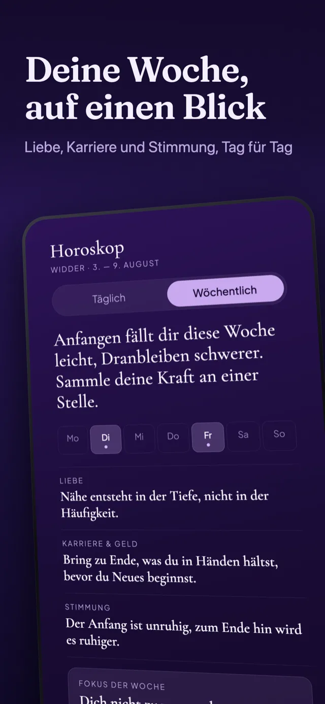 Bildschirm Horoskop: die Wochendeutung, herausstechende Tage und der Fokus der Woche.