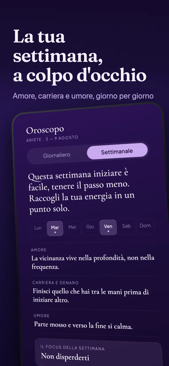 Schermata oroscopo: la lettura della settimana, i giorni da segnare e il focus della settimana.