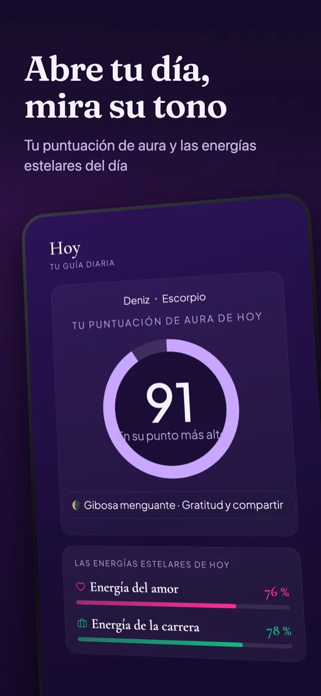 Pantalla de aura diaria: el anillo de la puntuación, la fase lunar y las energías estelares.