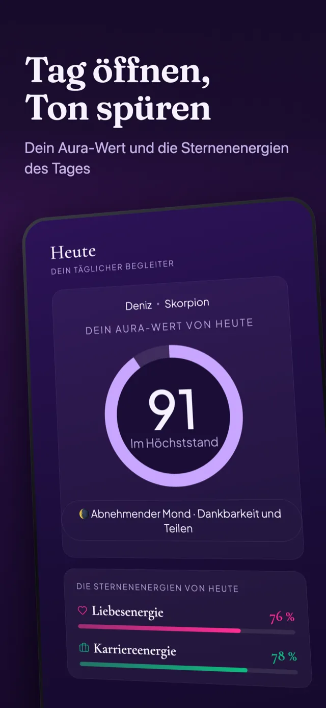 Bildschirm Tagesaura: der Aura-Ring, die Mondphase und die Sternenenergien.