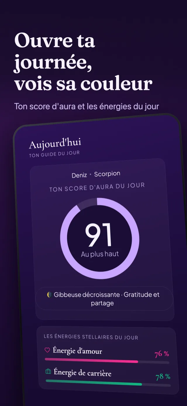 Écran aura du jour : l'anneau du score, la phase de la lune et les énergies stellaires.