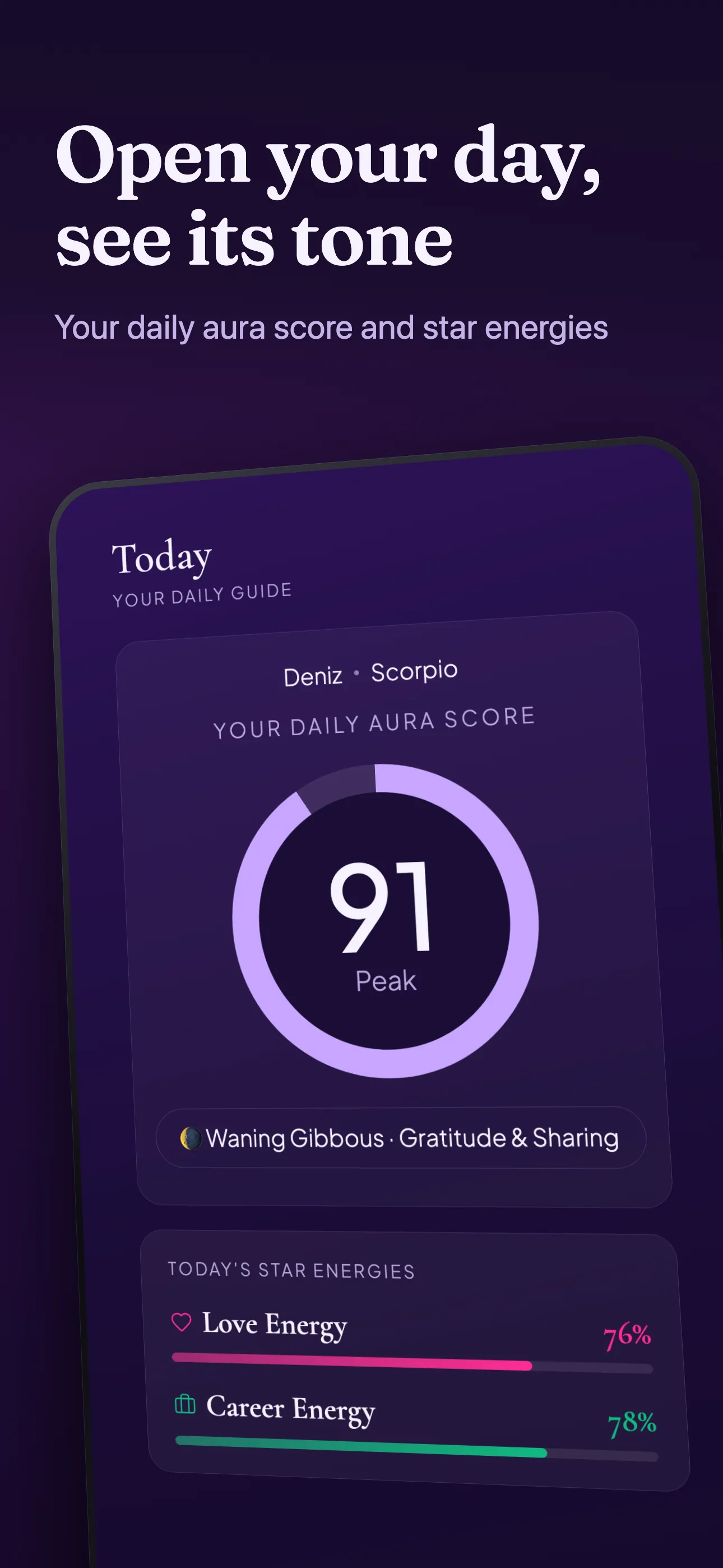 Daily aura screen: the aura score ring, moon phase and star energies.