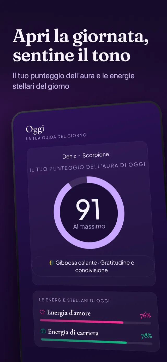 Schermata aura del giorno: l'anello del punteggio, la fase lunare e le energie stellari.