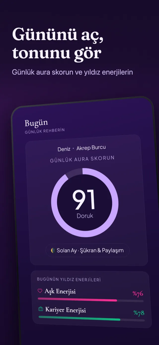 Günlük aura ekranı: aura skoru halkası, ay evresi ve yıldız enerjileri.