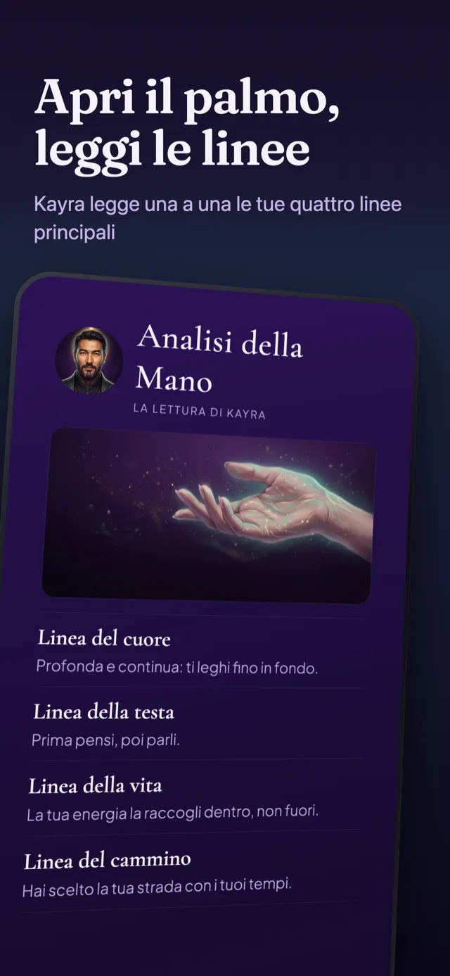 Schermata analisi della mano: le quattro linee principali lette da una foto del palmo.