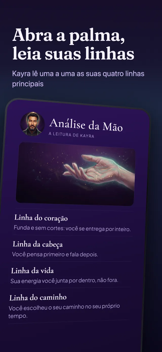 Tela de análise da mão: as quatro linhas principais lidas em uma foto da palma.