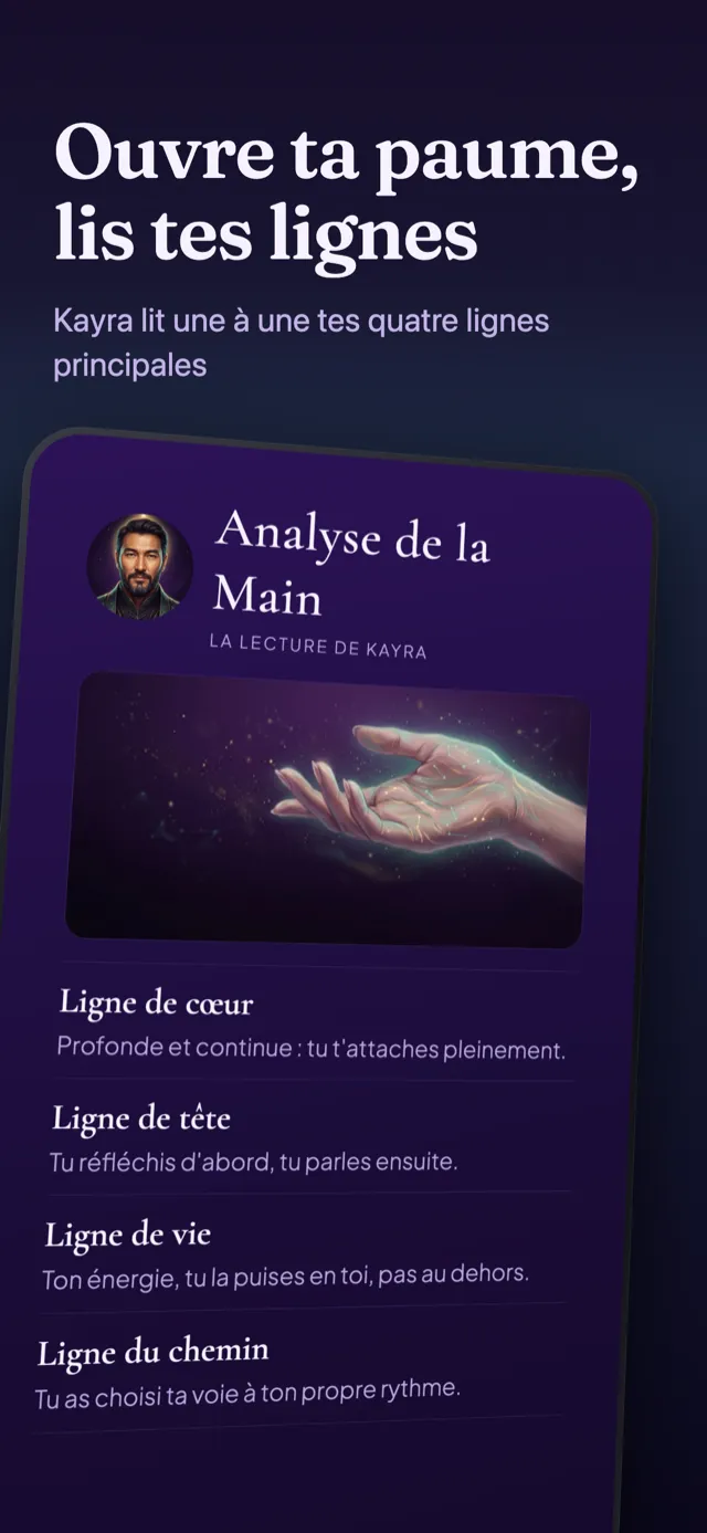 Écran analyse de la main : les quatre lignes principales lues sur une photo de la paume.