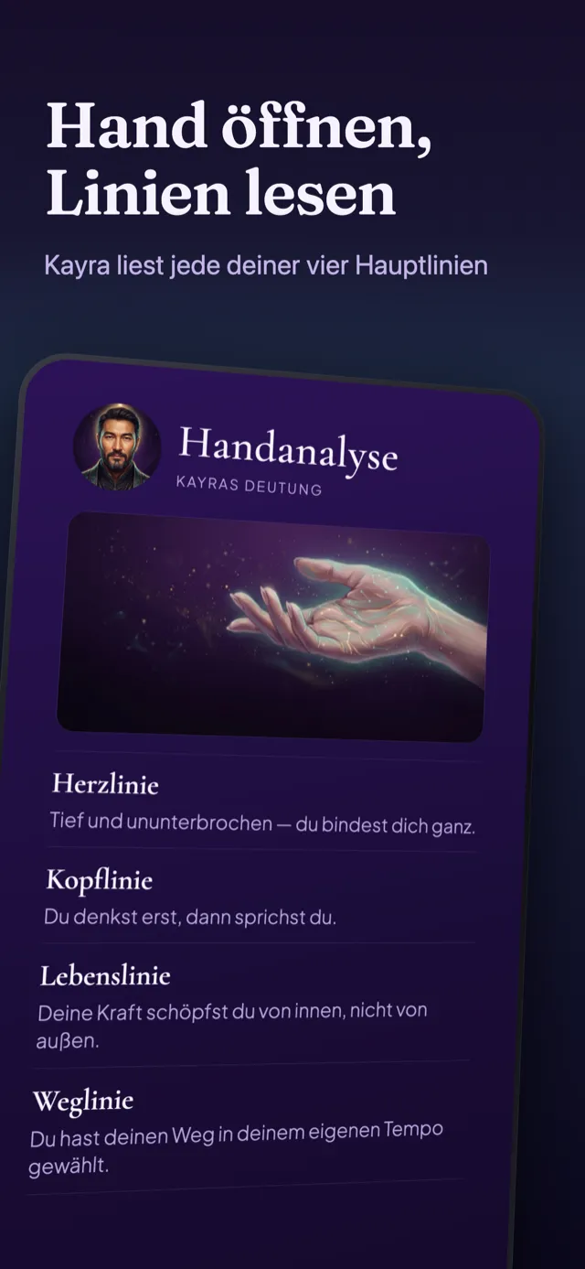 Bildschirm Handanalyse: die vier Hauptlinien, gelesen aus einem Foto der Handfläche.