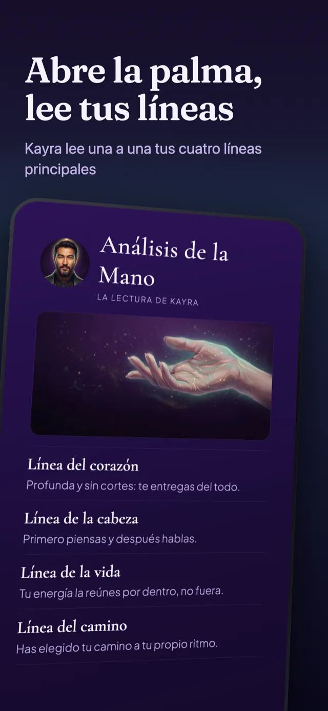 Pantalla de análisis de la mano: las cuatro líneas principales leídas en una foto de la palma.