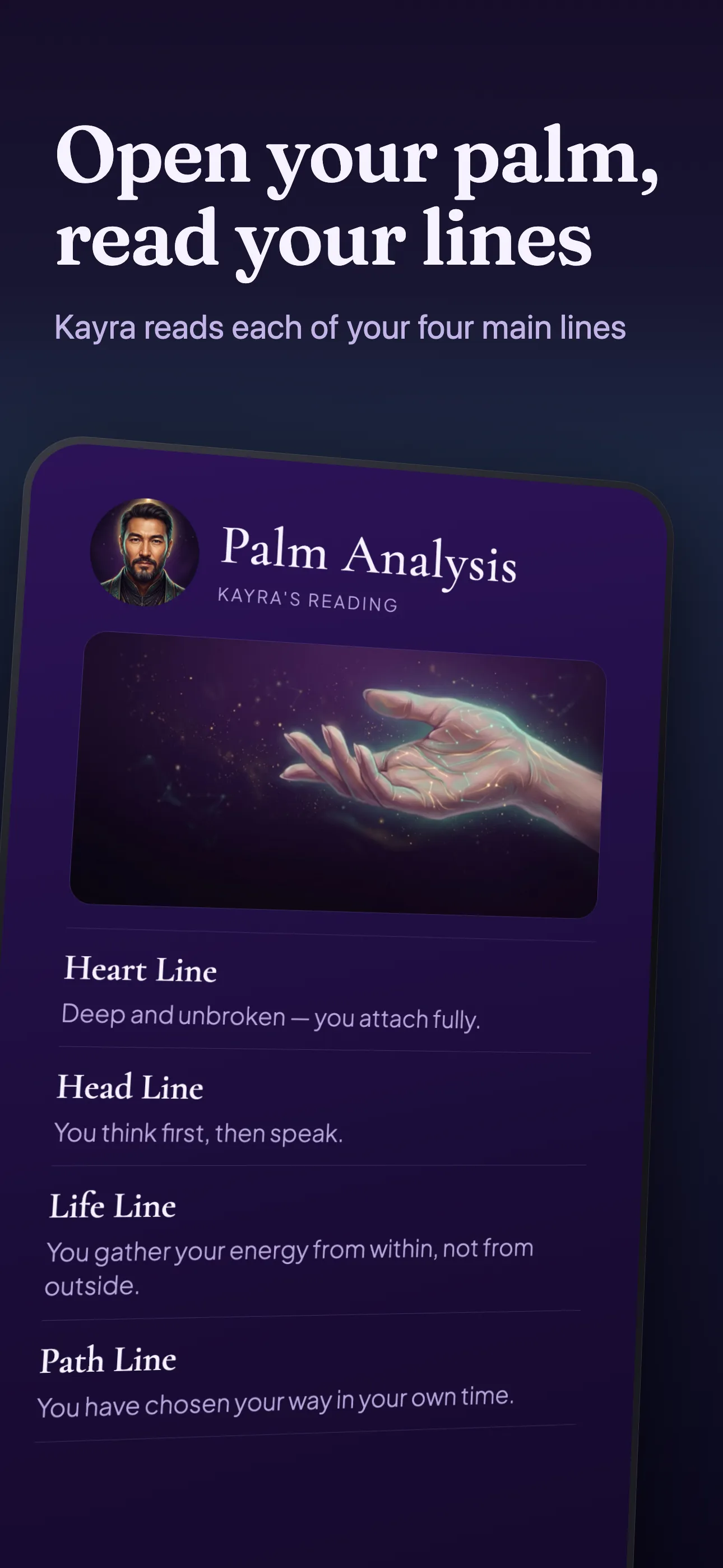 Palm analysis screen: the four main lines read from a photo of the palm.